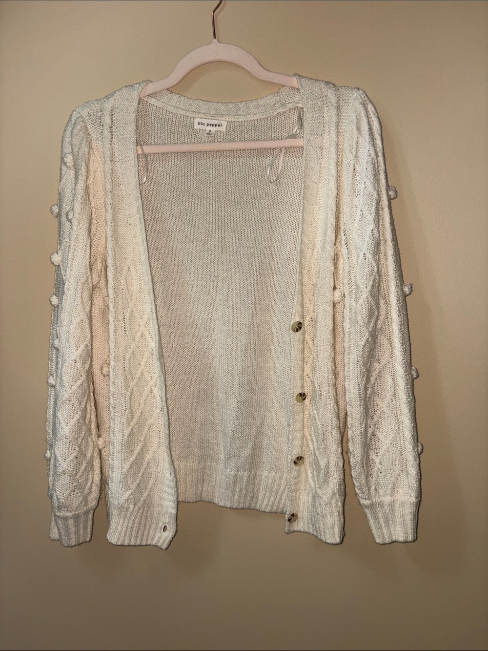 Blu Pepper Cream Cable Knit Bobble-Detail Cardigan